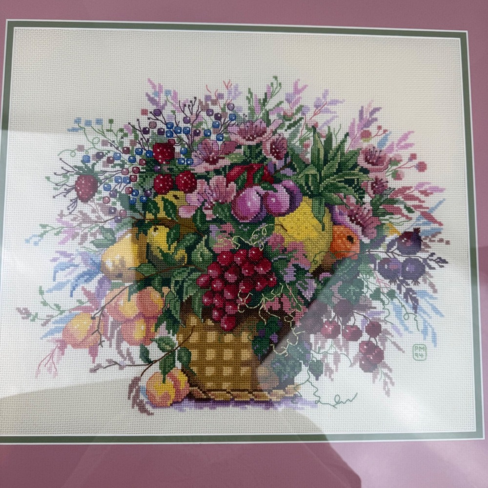 Vintage 1994 Framed Cross Stitch Fruit Basket Floral Embroidery Gold Frame 22.5" - Picture 5 of 11